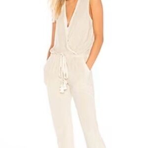 Women’s Tan Jumpsuit Sleeveless Adjustable Tie Waist Cropped Leg Terry large